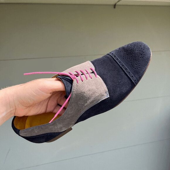 Undandy Navy Gray Suede Derby Shoes Sz 45/11.5 Pink Laces Yellow Lining - Picture 11 of 14